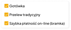 Panel wyboru metod płatności w Campdesk: gotówka, przelew tradycyjny oraz szybka płatność online.
