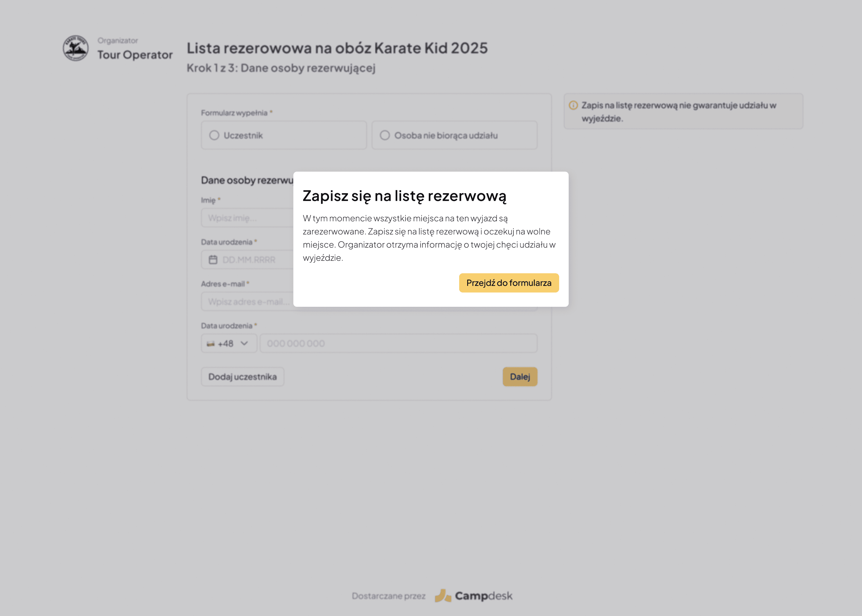 Formularz zapisu na automatyczną listę rezerwową Formularz zapisu na automatyczną listę rezerwową